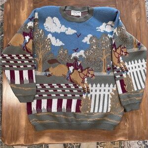 Vintage Alfred Dunner Equestrian Sweater in Blue, Gray, and Brown